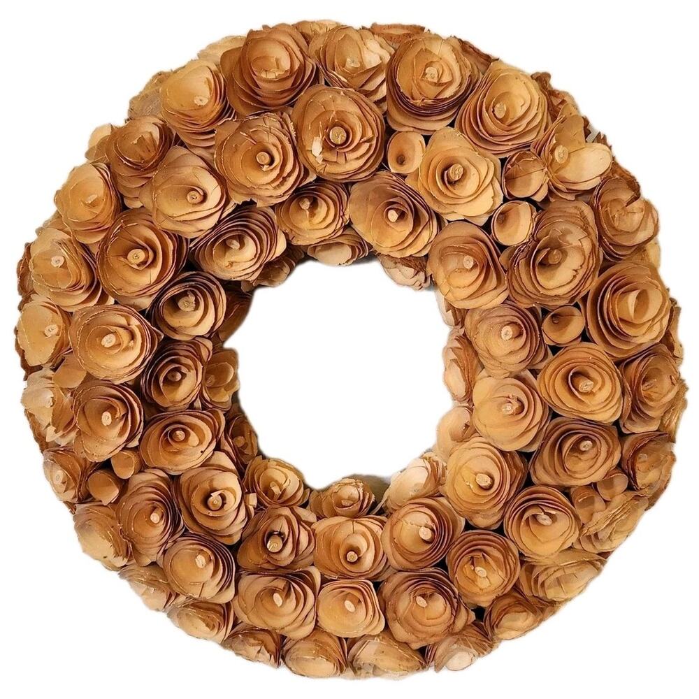 13" Natural Woodchip Rose Door Wall Wreath, Indoor/Outdoor Decor Neutral